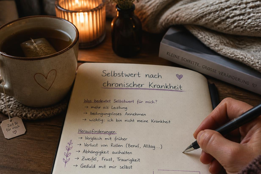 Notizbuch zum Thema Selbstwert nach chronischer Krankheit mit Tasse